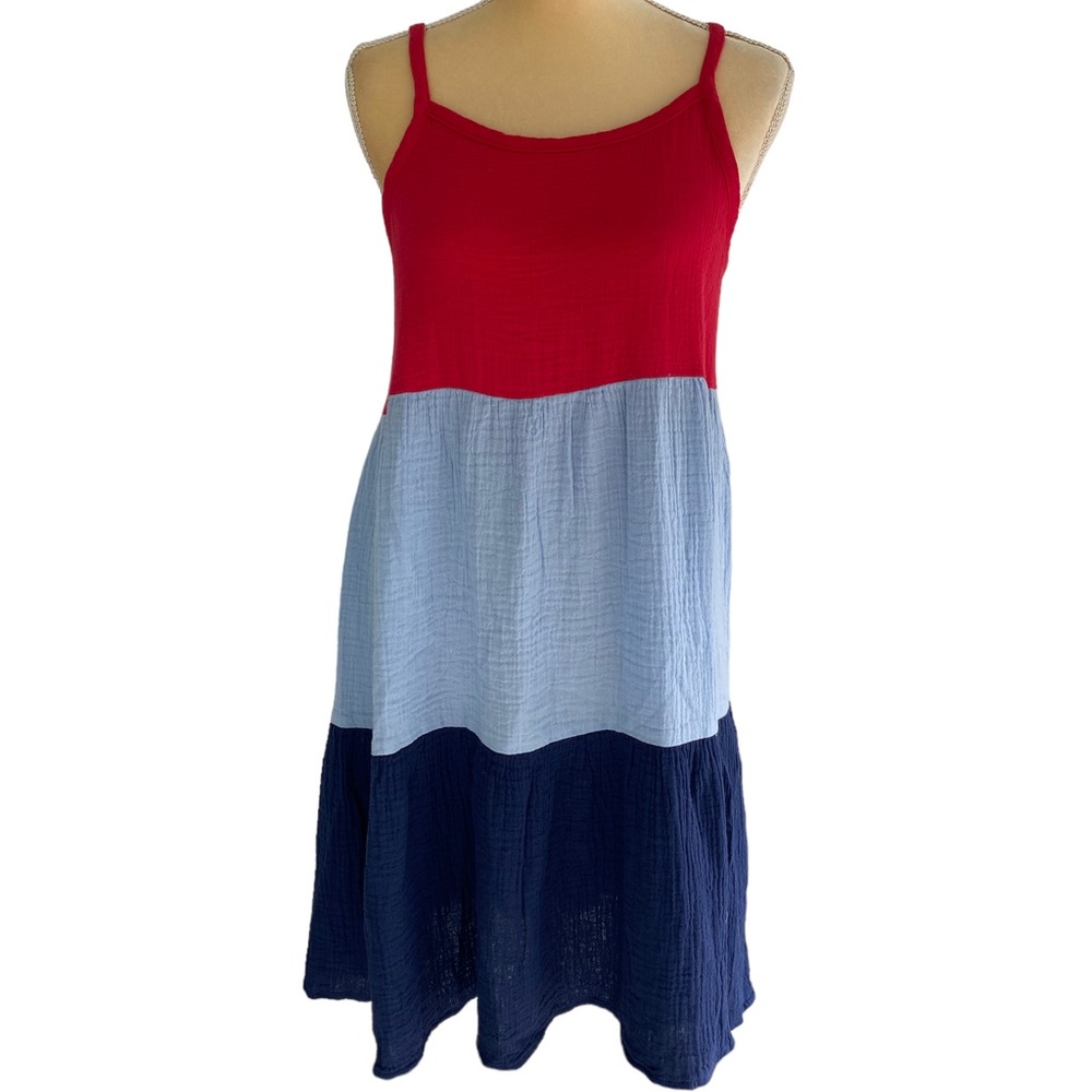 SO Girl’s Blue/Red/Light Blue Cotton Tiered Cross Back Dress Size: 18 Plus